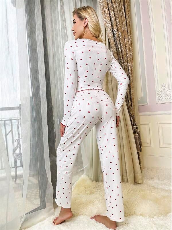 Arias Closet Beyaz Üstüne Kalp Desenli Kırmızı Kurdelalı Pamuklu Pijama Takımı