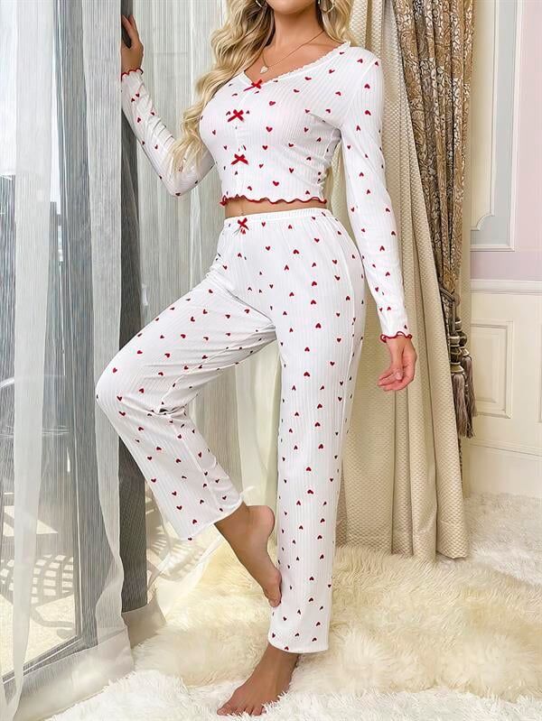 Arias Closet Beyaz Üstüne Kalp Desenli Kırmızı Kurdelalı Pamuklu Pijama Takımı