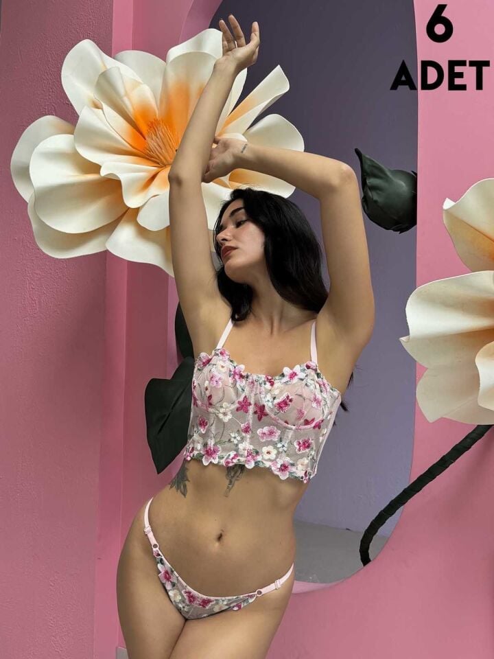 Cansoy 684 Pembe Çiçekli Balenli Desteksiz Bustiyer Takım 6'lı