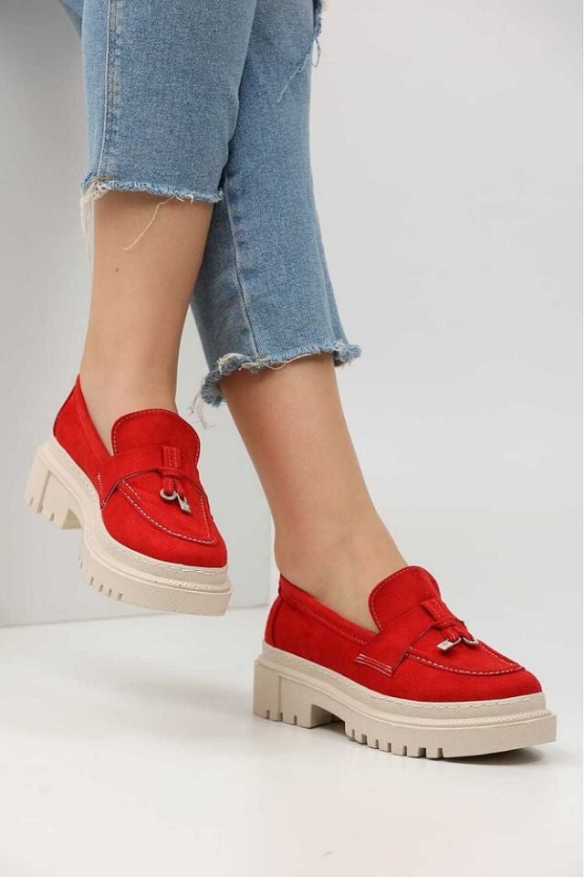 Loafer Kadın Süet Kırmızı Tokalı Günlük Ayakkabı