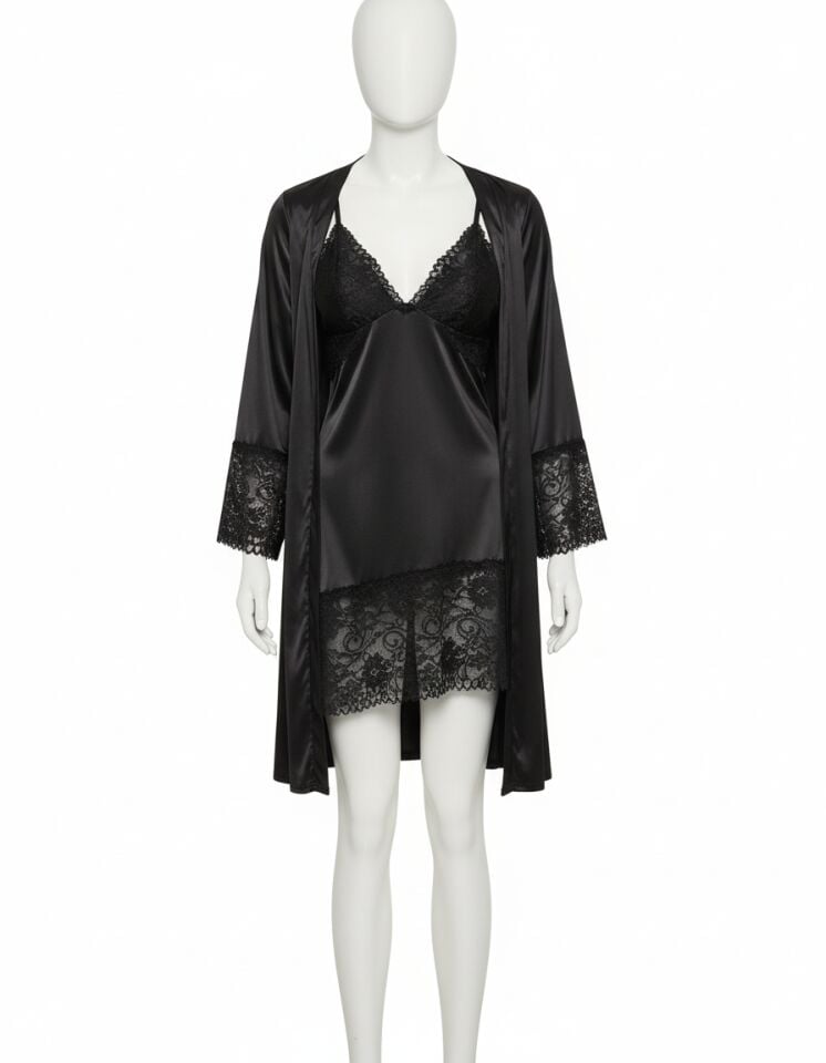 Arias Closet Siyah Dantel İşlemeli İnce Askılı 2'li Saten Gecelik Sabahlık Takımı