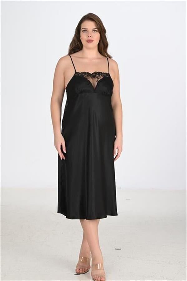 Arias Closet Premium Büyük Beden Saten Dantel İşlemeli Siyah 2'li Gecelik Sabahlık Takımı Bigsize