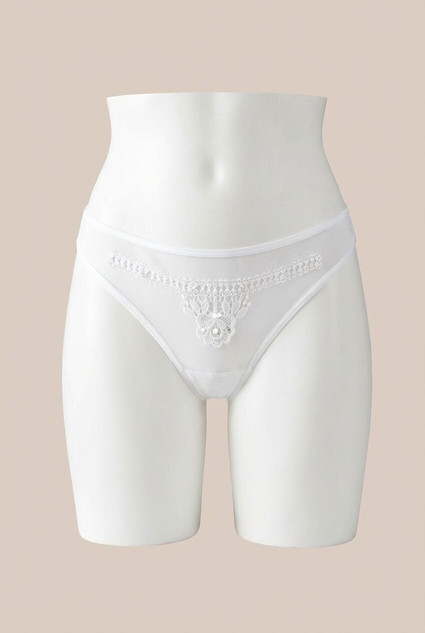 Beyaz Nakış Desenli Taşlı Fantezi Tanga String