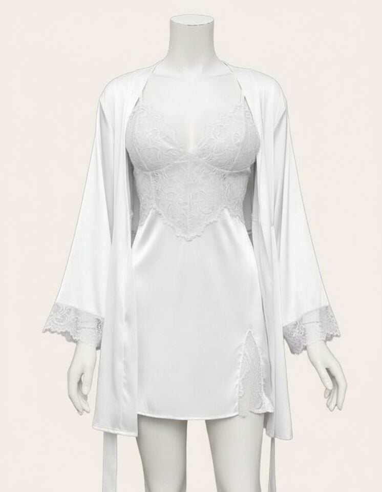 Arias Closet Dantel İşlemeli İnce Askılı Beyaz 2'li Saten Gecelik Sabahlık Takımı