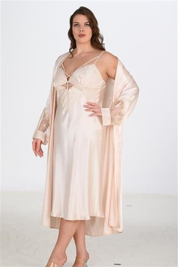 Arias Closet Premium Büyük Beden Saten Dantel İşlemeli Fil Dişi Uzun 2'li Gecelik Sabahlık Takımı Bigsize