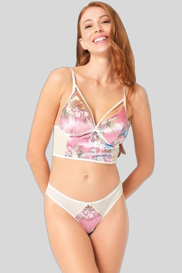 Arias Closet Kadife Balensiz Desteksiz Dolgusuz Yaka Detaylı Çiçek Baskılı Bralet Sütyen ve Slip Takım