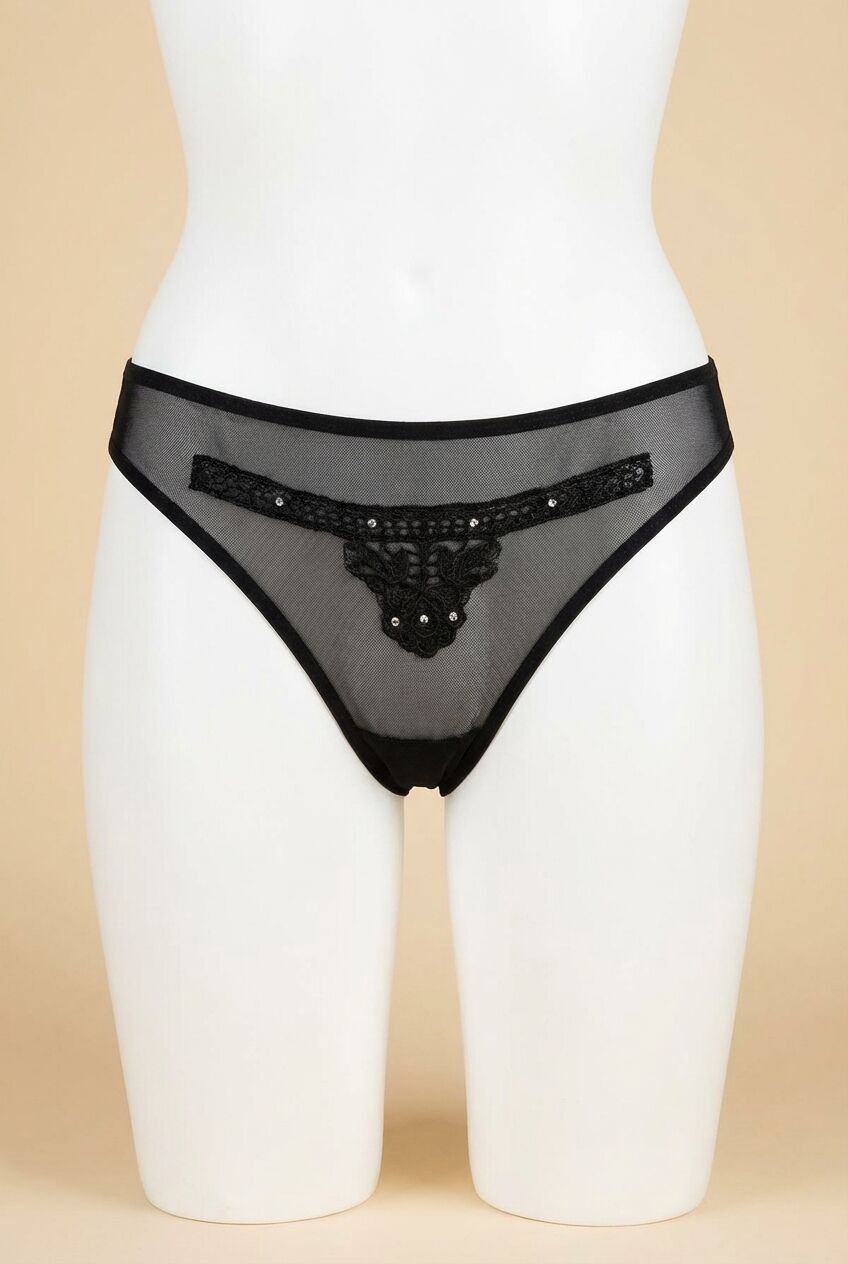 Siyah Nakış Desenli Taşlı Fantezi Tanga String