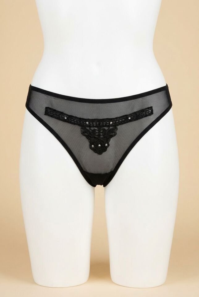 Siyah Nakış Desenli Taşlı Fantezi Tanga String