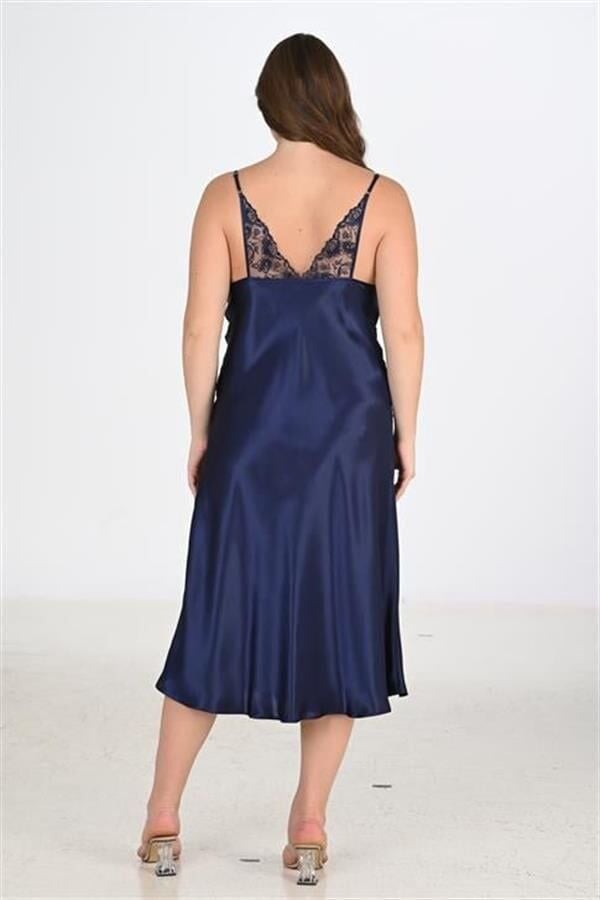 Arias Closet Premium Büyük Beden Saten Dantel İşlemeli Lacivert Uzun 2'li Gecelik Sabahlık Takımı Bigsize