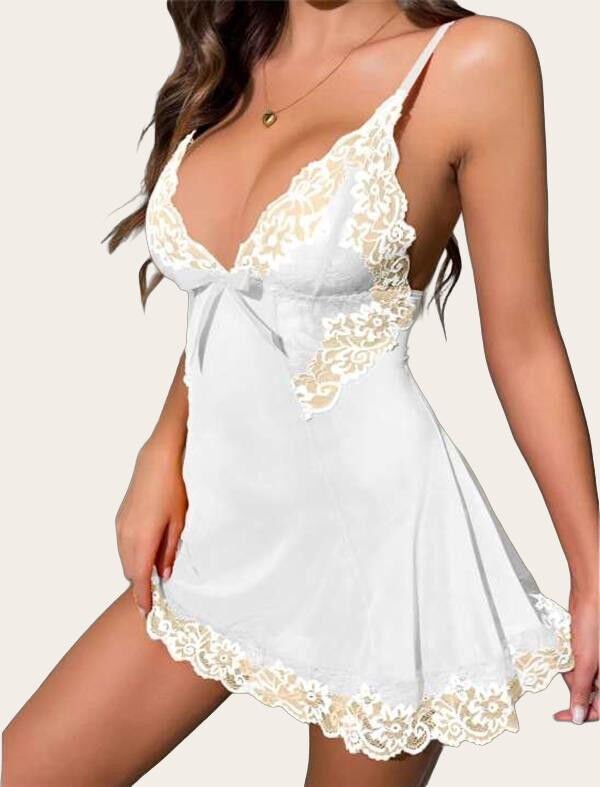 Arias Closet Beyaz Dantel İşlemeli İnce Askılı Likralı Fantezi Tül Gecelik