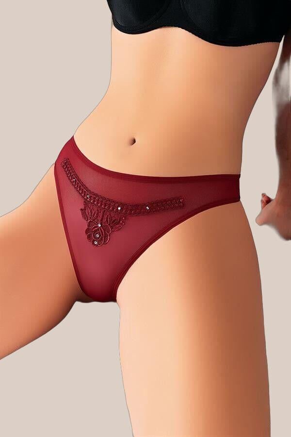 Bordo Nakış Desenli Taşlı Fantezi Tanga String