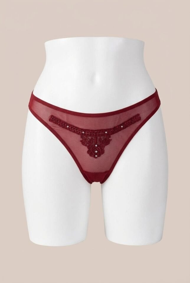 Bordo Nakış Desenli Taşlı Fantezi Tanga String