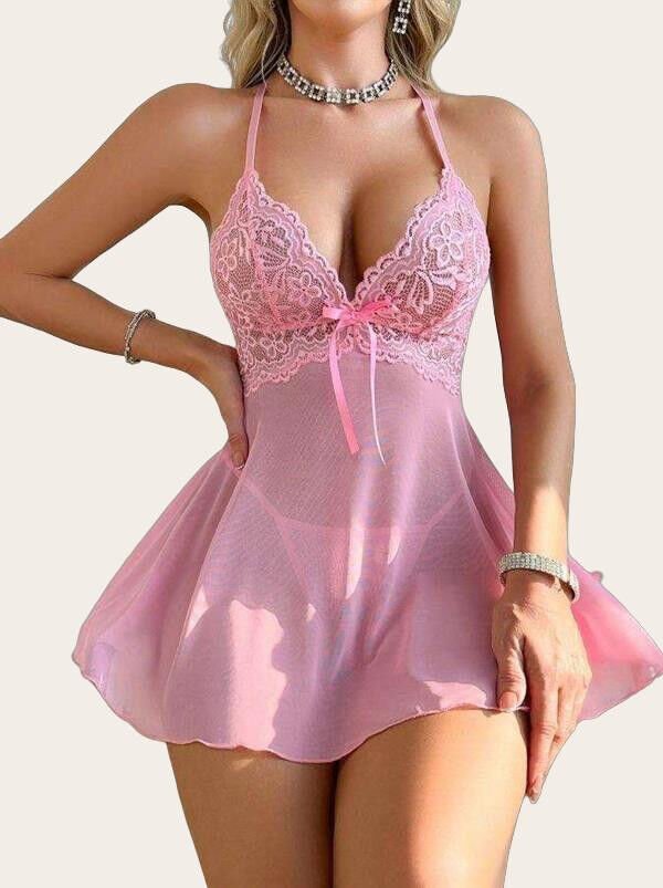 Arias Closet Pembe Dantel İşlemeli İnce Askılı Likralı Fantezi Tül Gecelik