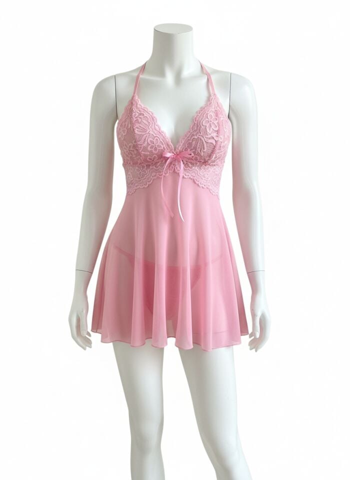 Arias Closet Pembe Dantel İşlemeli İnce Askılı Likralı Fantezi Tül Gecelik