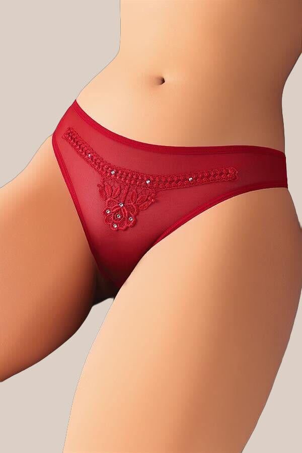 Kırmızı Nakış Desenli Taşlı Fantezi Tanga String