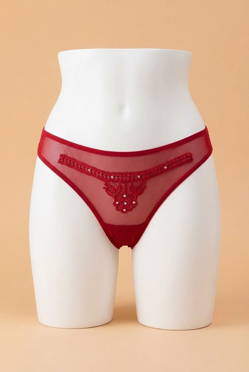 Kırmızı Nakış Desenli Taşlı Fantezi Tanga String