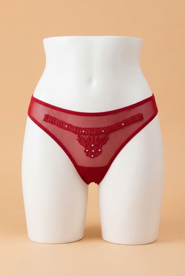 Kırmızı Nakış Desenli Taşlı Fantezi Tanga String
