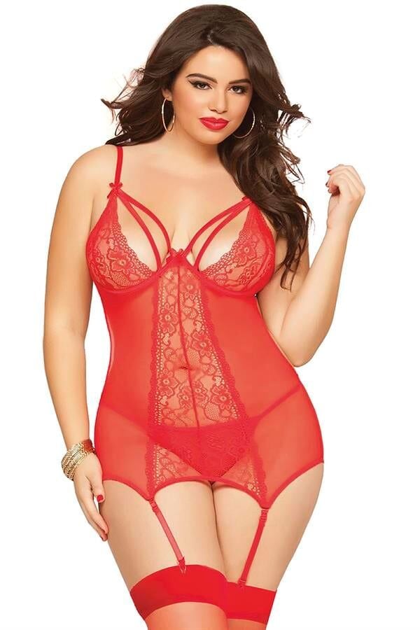 Arias Closet Büyük Beden Kırmızı Dantel İşlemeli Göğüs Dekolteli Fantezi Jartiyer Takımı