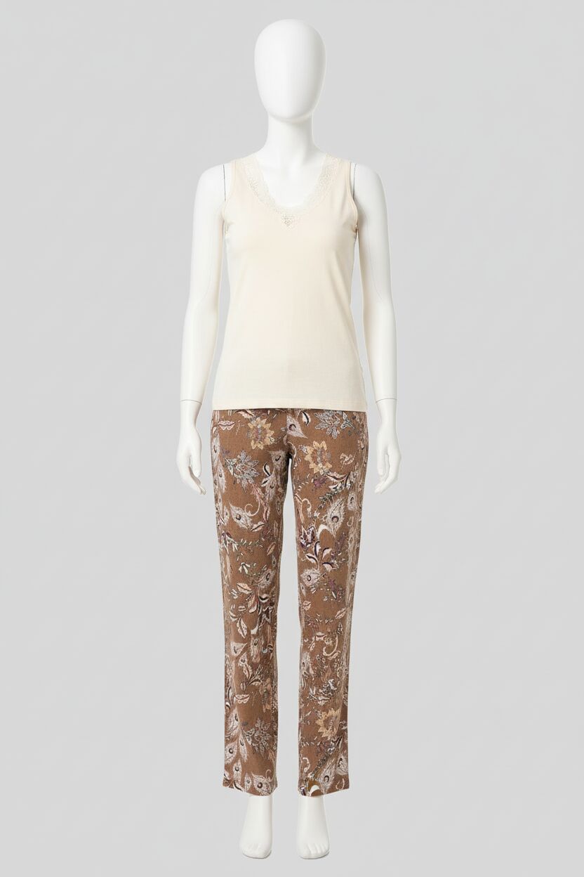 Kalın Askılı V Yaka Viskon Çiçek Desenli Kışlık Örme Normal Bel Düğmeli Dantel Detaylı Pijama Takımı Sabahlık