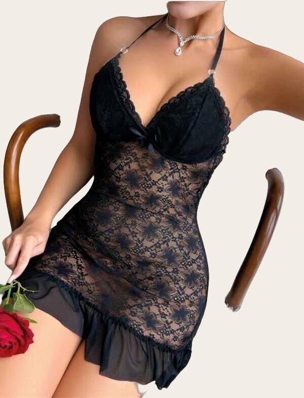 Arias Closet Siyah Dantel İşlemeli Boyundan Bağlamalı Likralı Fantezi Tül Gecelik