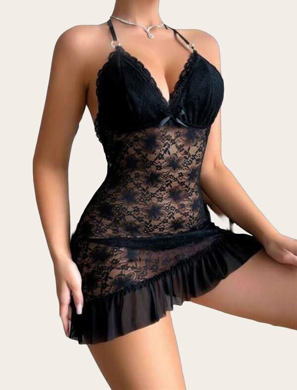 Arias Closet Siyah Dantel İşlemeli Boyundan Bağlamalı Likralı Fantezi Tül Gecelik