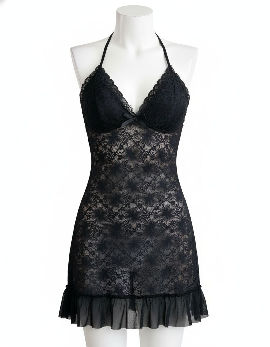 Arias Closet Siyah Dantel İşlemeli Boyundan Bağlamalı Likralı Fantezi Tül Gecelik