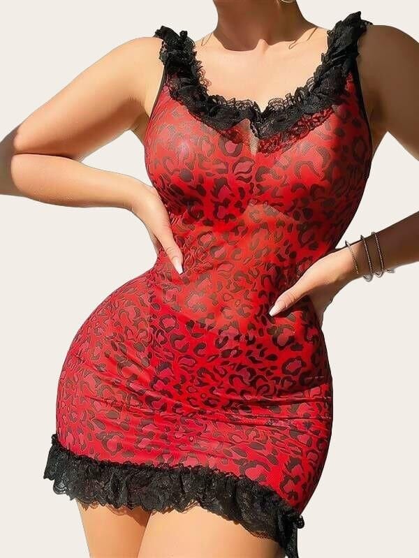 Arias Closet Sırt Dekolteli Kırmızı Leoparlı Gecelik