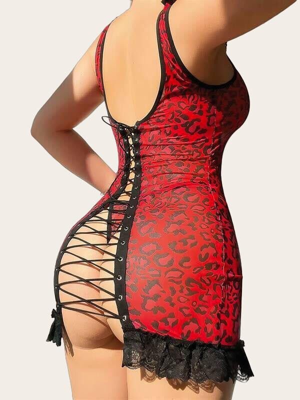 Arias Closet Sırt Dekolteli Kırmızı Leoparlı Gecelik