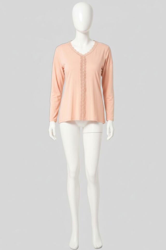 Uzun Kol V Yaka Viskon Çiçek Desenli Kışlık Örme Normal Bel Dantel Detaylı Pijama Takımı