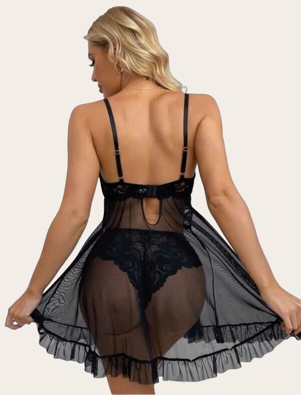 Arias Closet Siyah Dantel İşlemeli İnce Askılı Yırtmaçlı Fantezi Tül Gecelik