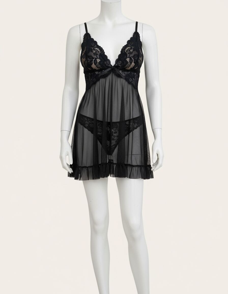 Arias Closet Siyah Dantel İşlemeli İnce Askılı Yırtmaçlı Fantezi Tül Gecelik