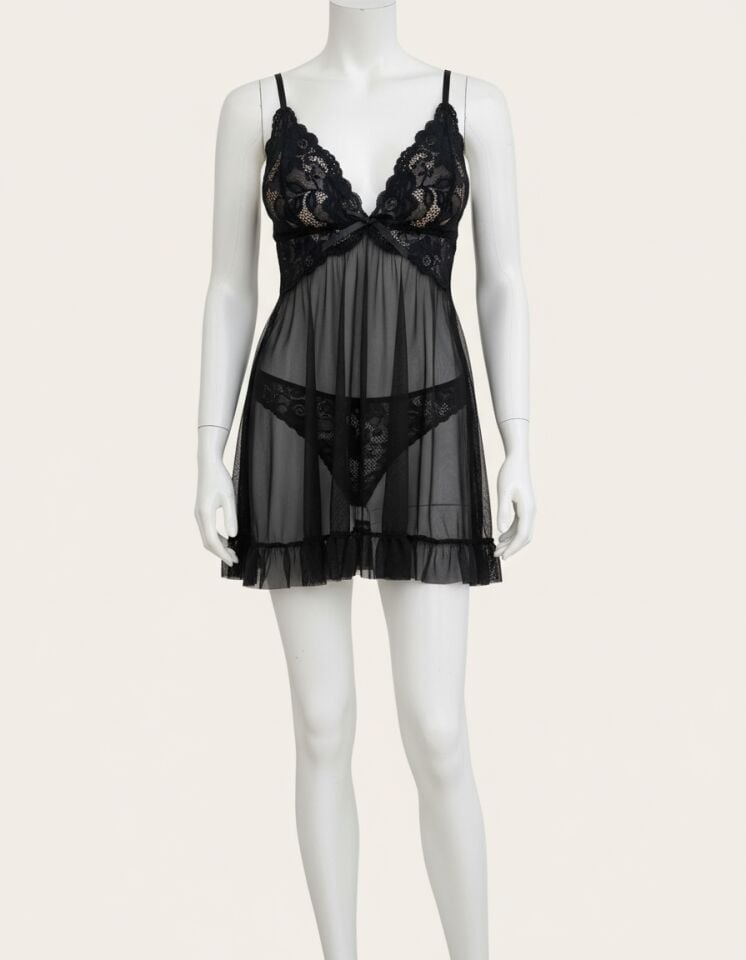 Arias Closet Siyah Dantel İşlemeli İnce Askılı Yırtmaçlı Fantezi Tül Gecelik