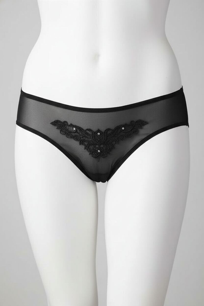 Arias Closet Güpürlü Taşlı Siyah Tül Fantezi Külot