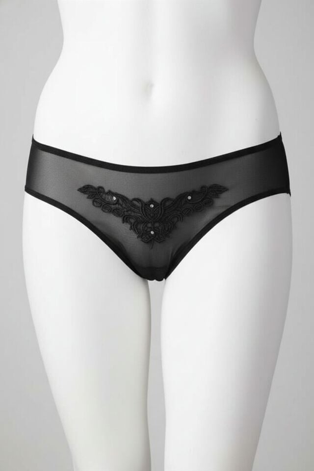 Arias Closet Güpürlü Taşlı Siyah Tül Fantezi Külot