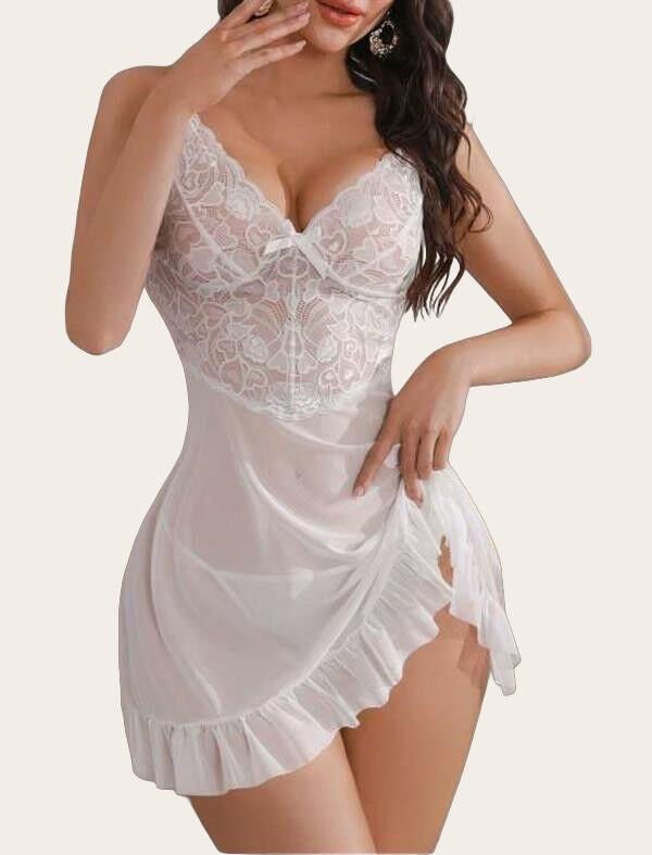 Arias Closet Beyaz Fırfırlı Dantel İşlemeli İnce Askılı Likralı Fantezi Tül Gecelik