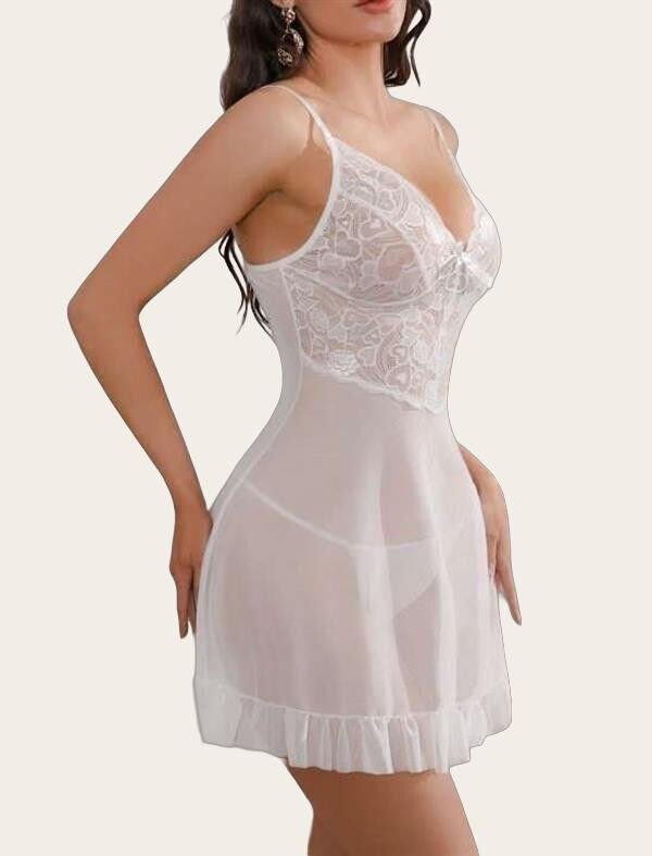 Arias Closet Beyaz Fırfırlı Dantel İşlemeli İnce Askılı Likralı Fantezi Tül Gecelik