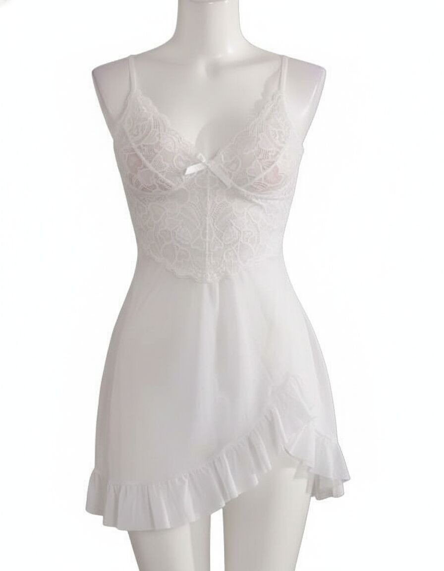 Arias Closet Beyaz Fırfırlı Dantel İşlemeli İnce Askılı Likralı Fantezi Tül Gecelik