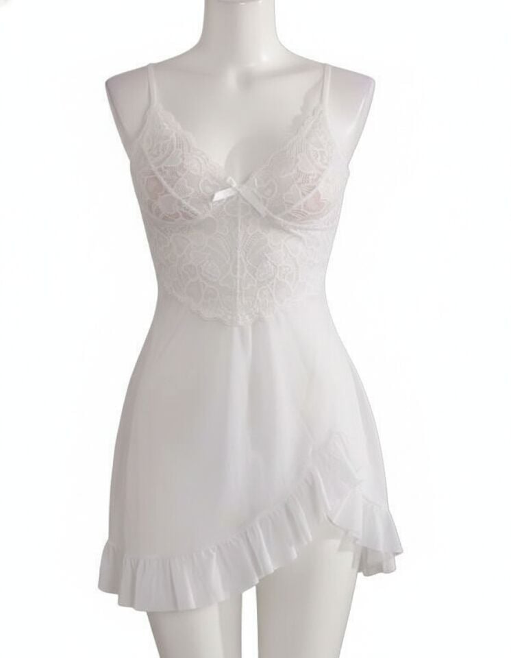 Arias Closet Beyaz Fırfırlı Dantel İşlemeli İnce Askılı Likralı Fantezi Tül Gecelik