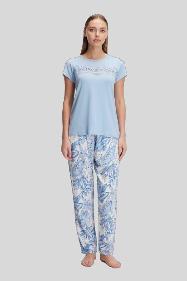 Kısa Kol Bisiklet Yaka Kadın Viskon Çiçek Desenli Yazlık ÖRME Dantel Detaylı Pijama Takımı