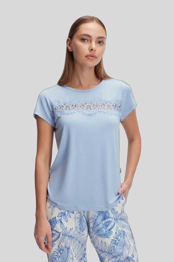 Kısa Kol Bisiklet Yaka Kadın Viskon Çiçek Desenli Yazlık ÖRME Dantel Detaylı Pijama Takımı