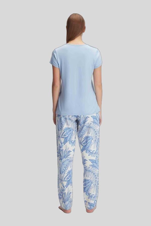 Kısa Kol Bisiklet Yaka Kadın Viskon Çiçek Desenli Yazlık ÖRME Dantel Detaylı Pijama Takımı