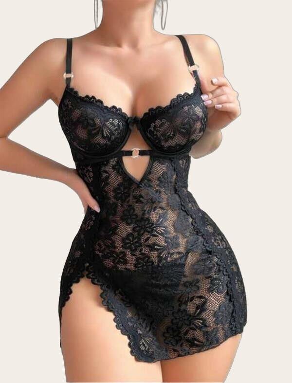 Arias Closet Siyah Full Dantel İşlemeli İnce Askılı Yırtmaçlı Likralı Fantezi Gecelik