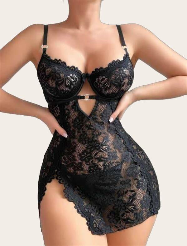 Arias Closet Siyah Full Dantel İşlemeli İnce Askılı Yırtmaçlı Likralı Fantezi Gecelik