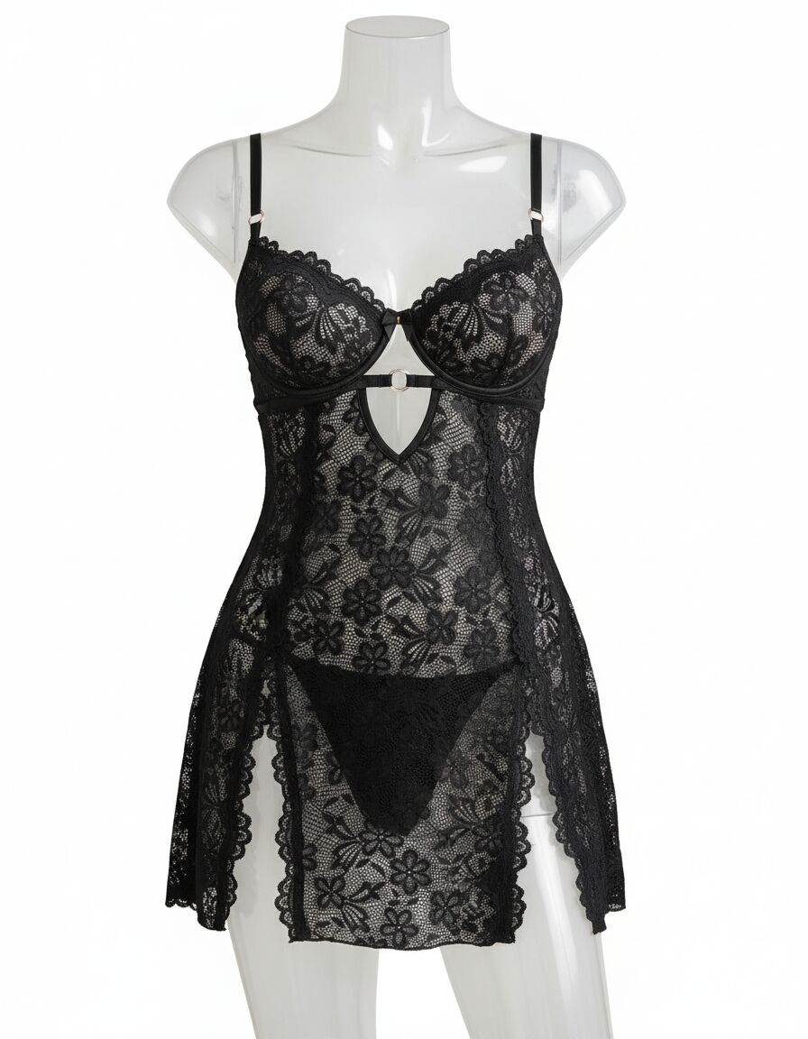 Arias Closet Siyah Full Dantel İşlemeli İnce Askılı Yırtmaçlı Likralı Fantezi Gecelik