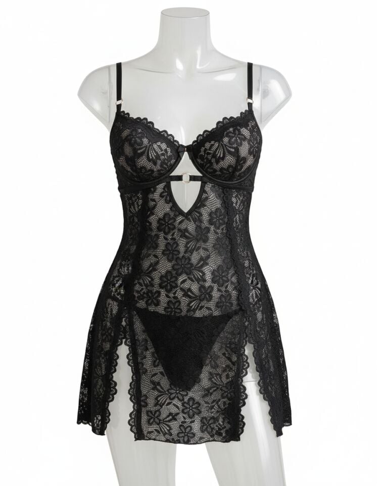 Arias Closet Siyah Full Dantel İşlemeli İnce Askılı Yırtmaçlı Likralı Fantezi Gecelik