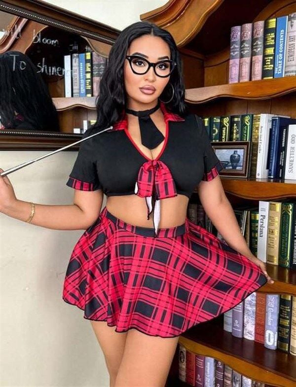 Arias Closet Özel Tasarım Büyük Beden Ekose Mini Etekli Bolerolu Fantezi Liseli Kostümü