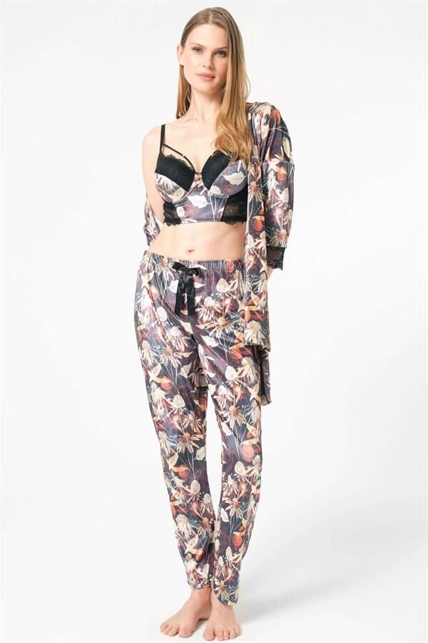 Arias Closet Kadife Çiçek Desenli Sabahlık Balenli Destekli Dolgulu Yaka Detaylı Dantelli Büstiyer Sütyen ve Pantolon Pijama 3'lü Takım