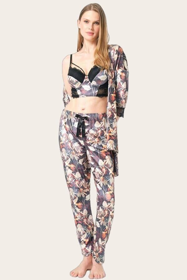 Arias Closet Kadife Çiçek Desenli Sabahlık Balenli Destekli Dolgulu Yaka Detaylı Dantelli Büstiyer Sütyen ve Pantolon Pijama 3'lü Takım