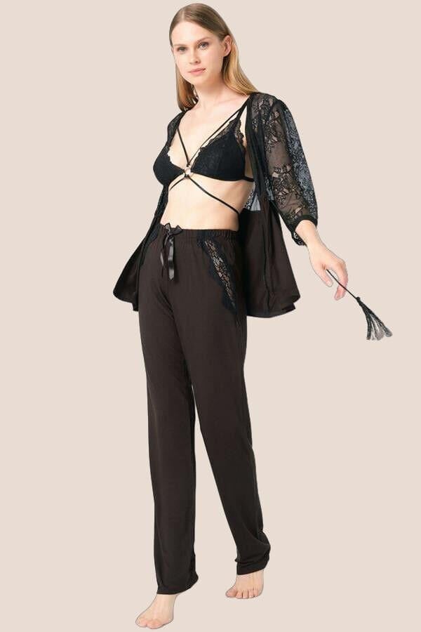 Arias Closet Dantelli Sabahlık Balensiz Desteksiz Dolgusuz Yaka Detaylı Sütyen ve Pantolon Pijama 3'lü Takım