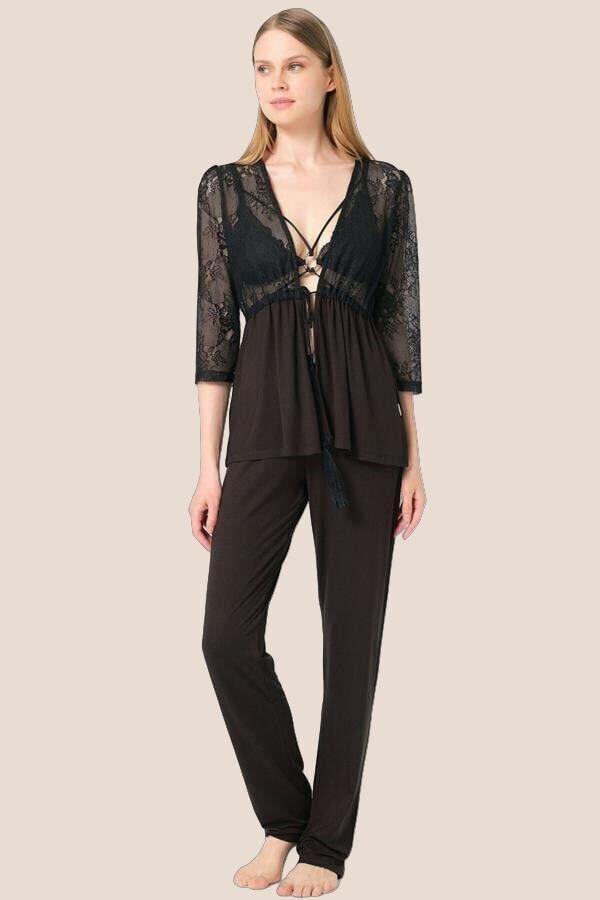 Arias Closet Dantelli Sabahlık Balensiz Desteksiz Dolgusuz Yaka Detaylı Sütyen ve Pantolon Pijama 3'lü Takım